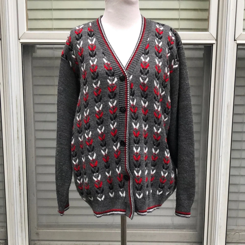 Amana Colonies Gray Red Black Grandma Chic Button Front Sweater size L/XL